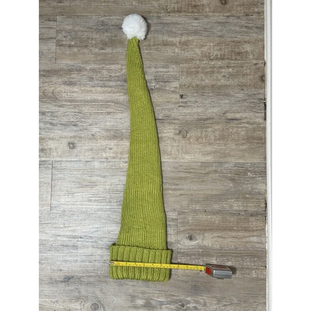 New Hand Knitted Bright Green Acrylic Faux Christmas Cap Hat W/ PomPom Adult